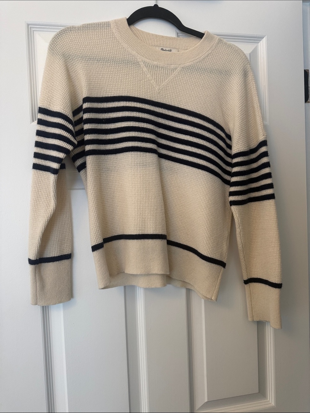 Madewell Cream Sweater with Navy Stripe | 100% cashmere